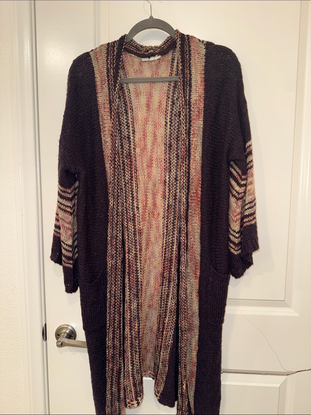 Easel Open-Front Long Cardigan in Dark Brown with Multicolor Stripes